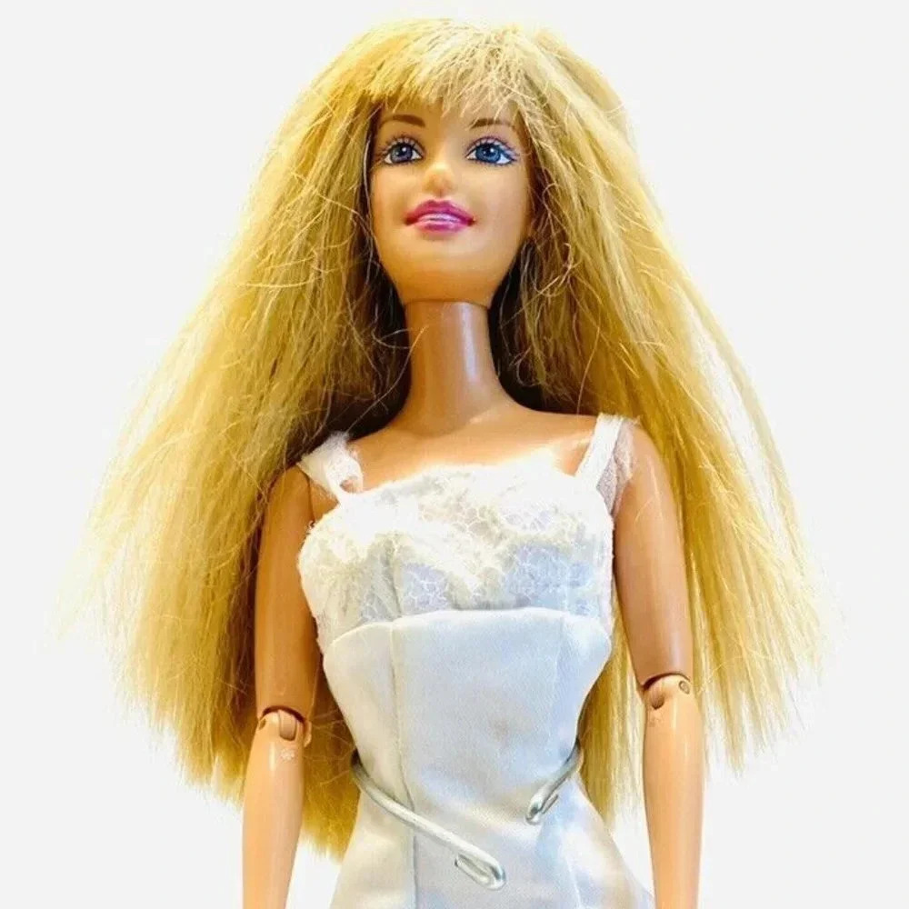 MATTEL BARBIE Doll White Gown 12"Tall Blonde Hair Purple Eyes Articulated Elbows